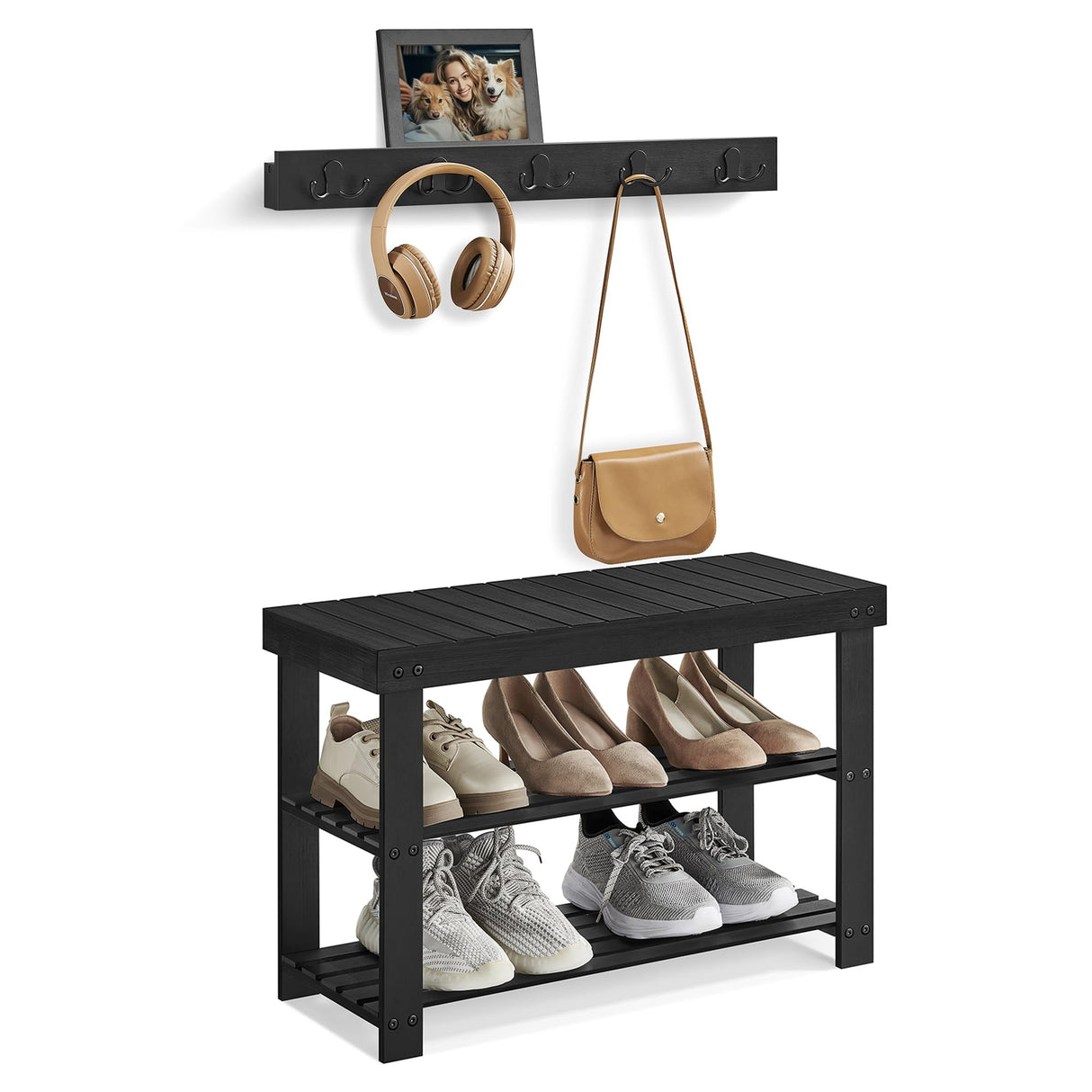 SONGMICS Coat Rack Shoe Bench Set, 3-Tier Bamboo Shoe Rack Bench, Multifunctional, 5 Double Metal Hooks, for Entryway, Hallway, Bedroom, Ink Black ULCR004B01V1 SONGMICS