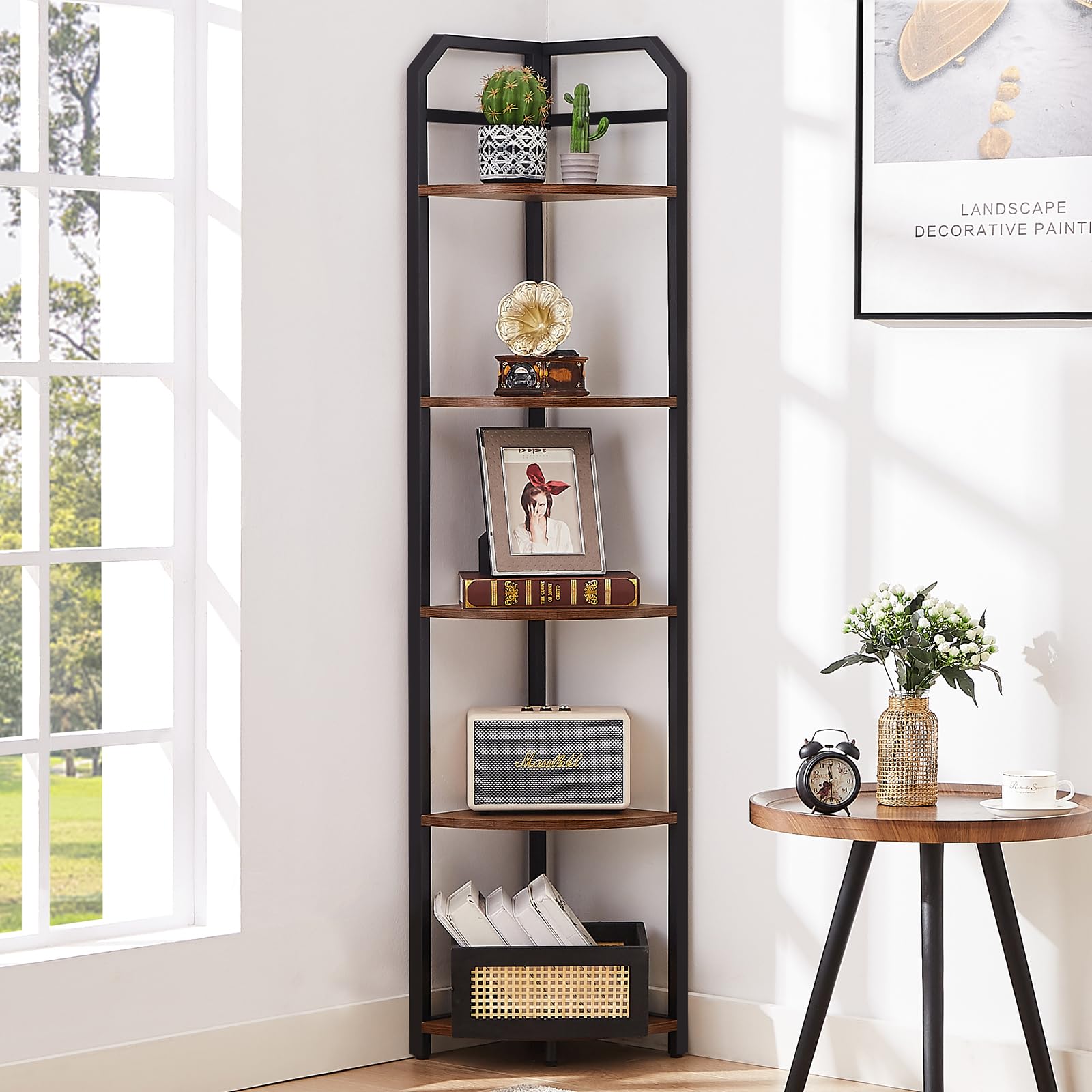 MNEETRUNG 5-Tier Industrial Corner Shelf - Freestanding Brown Bookshelf for Space-Saving Storage and Display - WoodArtSupply