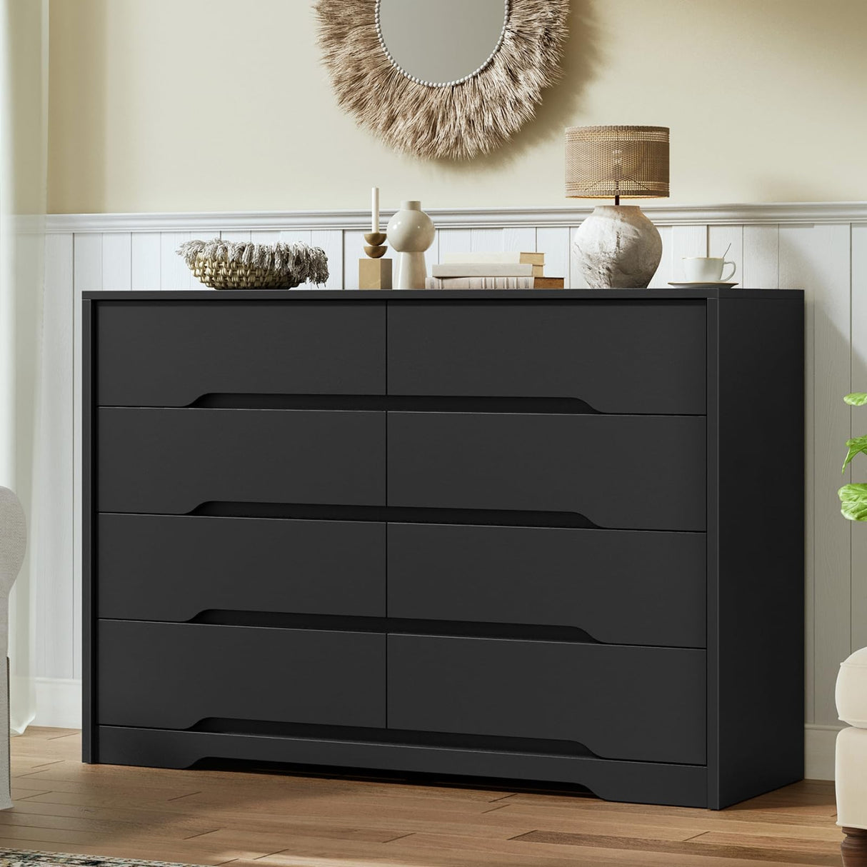 RALGEND 8 Drawer Dresser for Bedroom, White Double Chest of Drawers, Modern Wooden Dresser with Handless Design, Minimalism Style, for Bedroom, Living Room, Hallway, Entryway, Black RALGEND