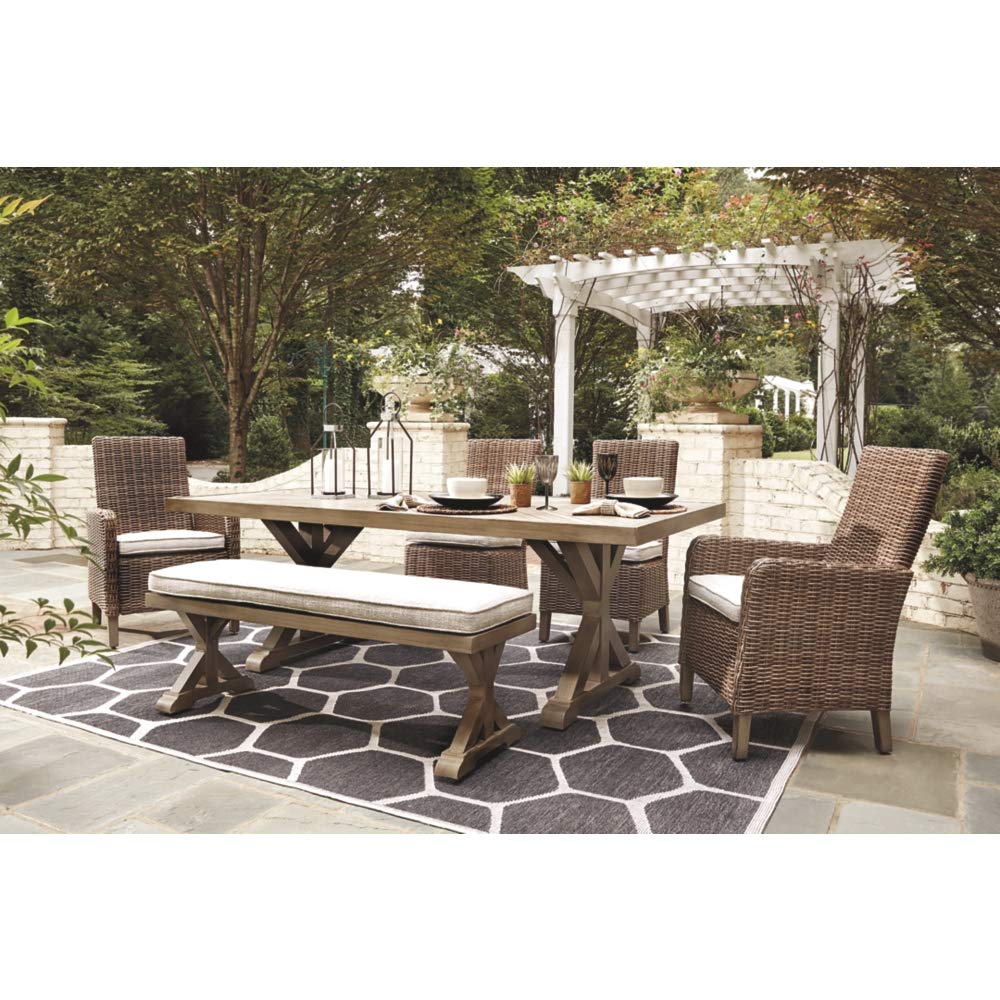 Signature Design by Ashley Beachcroft Patio Farmhouse Outdoor Upholstered Dining Bench, Beige Signature Design by Ashley