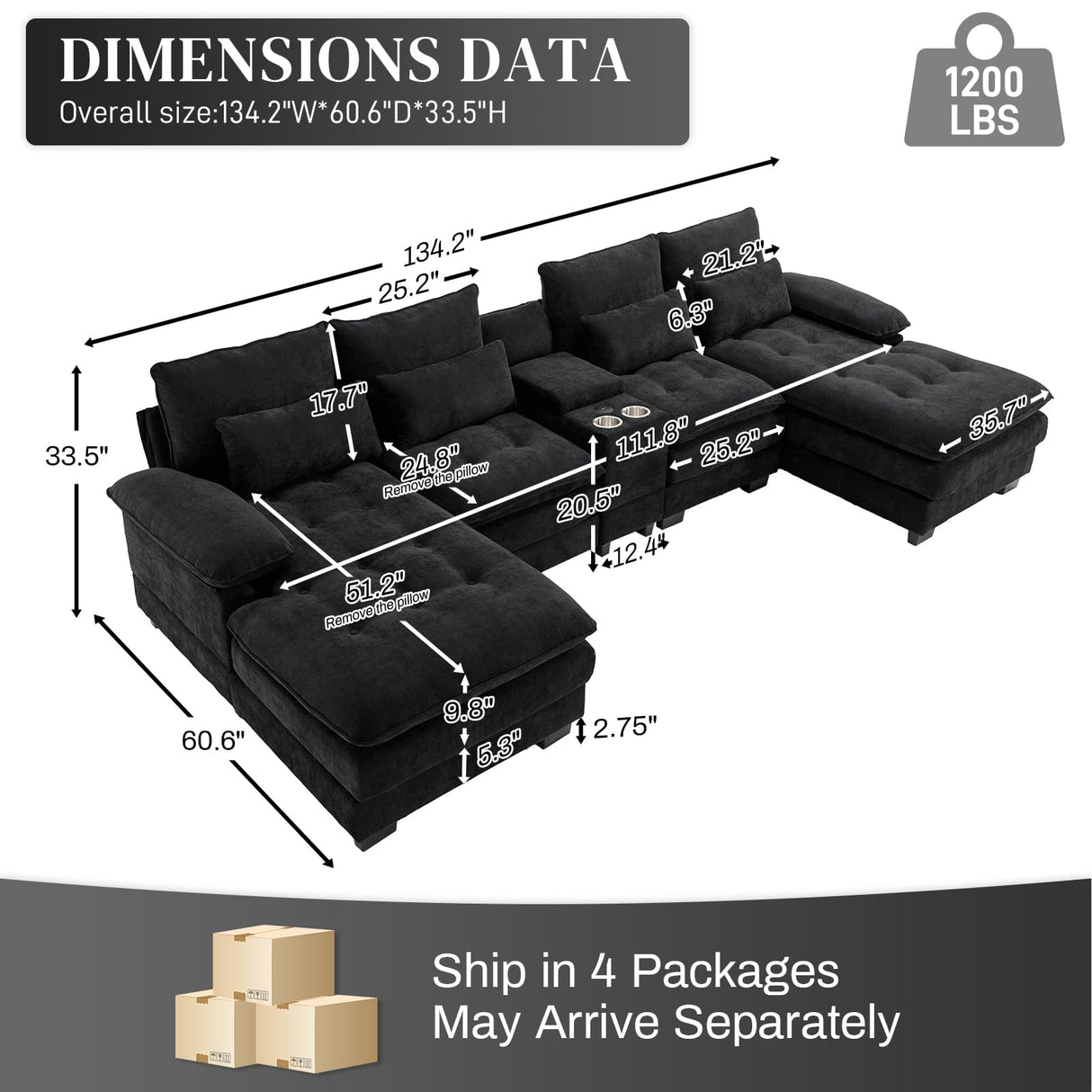 OUYESSIR 134" U Shaped Sectional Cloud Couch,Tufted Couch with Chaise Lounge,Fluffy Black Sectional Couches for Living Room,Comfy Chenille Modular Sofa with Central Console & USB Port OUYESSIR