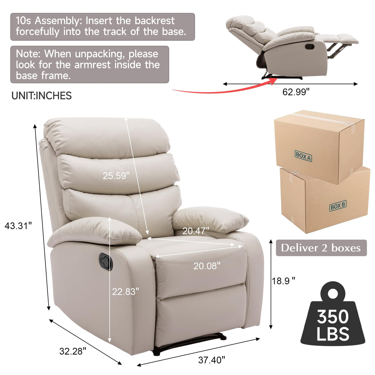 GNMLP2020 Manual Recliner Chairs for Adults, PU Leather Small Recliner Chair for Small Space, RV, Lazy Boy Single Sofa Chairs, Beige GNMLP2020