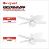 Honeywell Ceiling Fans Inland Breeze, 52 Inch Tropical Indoor Outdoor Ceiling Fan with Light, Pull Chain, Three Mount Options, Weather Resistant Blades - 50511-01 (White) Honeywell Ceiling Fans