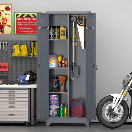 GREATMEET 65" Garage Storage Cabinet, Broom Closet Storage Cabinet, Metal Cabinets with Doors and Shelves, Utility Closet for Brooms and Mops, Utility Cabinets for Storage, Grey GREATMEET
