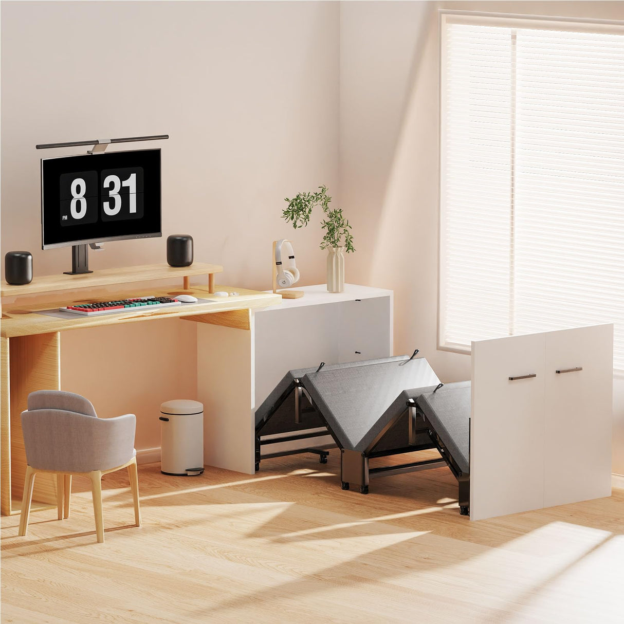 Meulbaty 2 in 1 Murphy Bed Cabinet with Mattress, Hide a Bed Cabinet, Folding Beds into Cabinets, Space-Saving Pull Out Murphy Beds Chest for Small Place Office Nap Narrow Twin Size Meulbaty