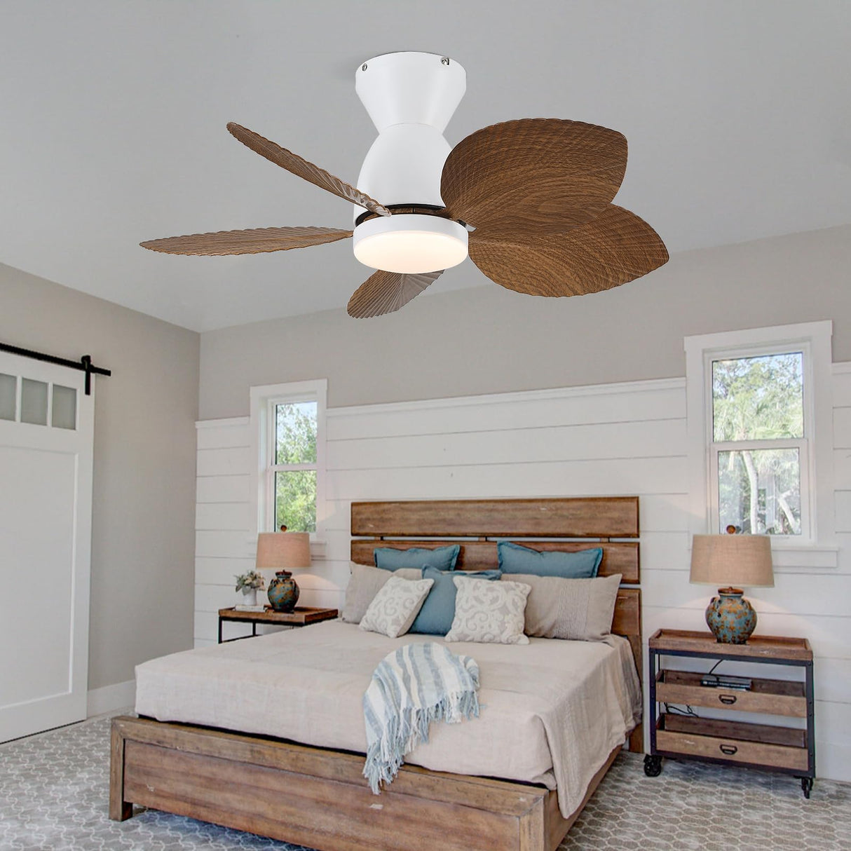 Kviflon 30 Inch Ceiling Fans with Lights, Indoor Outdoor Tropical Ceiling Fan with Remote/APP Control, Flush Mount Palm Leaf Ceiling Fan Light for Bedroom, 6 Speeds, Dimmable - Wood Grain Kviflon