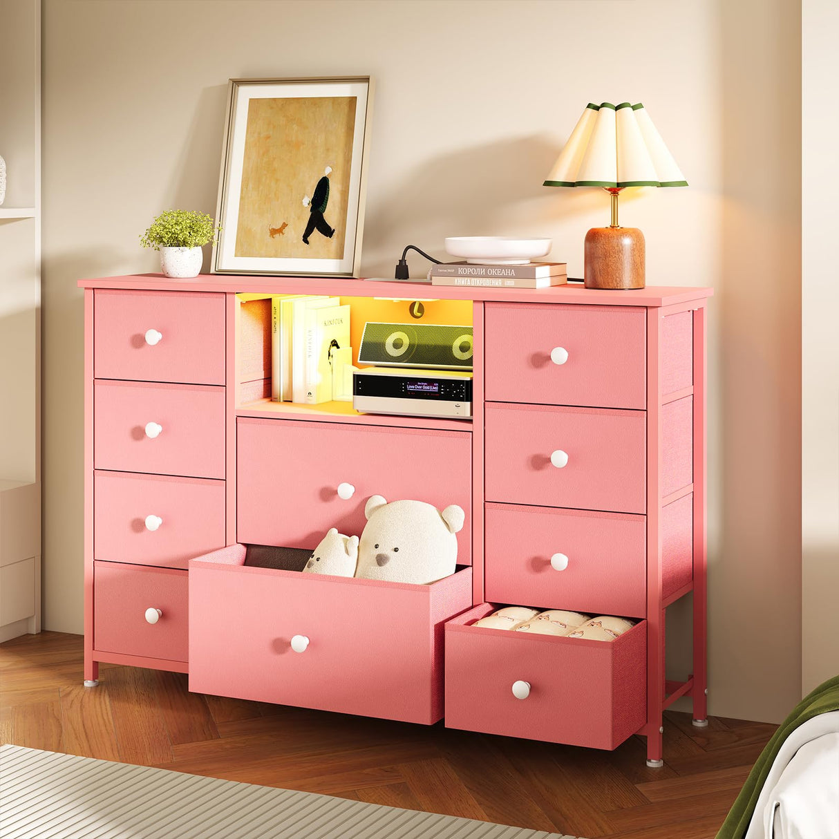 Dresser for Bedroom with 10 Drawers, Pink Storage Organizer TV Stand for 55" TV with LED Lights and Sockets, Fabric Chest of Drawers with PU Finish for Kid Room, Entryway, Living Room, Hallway LIWEIJIA