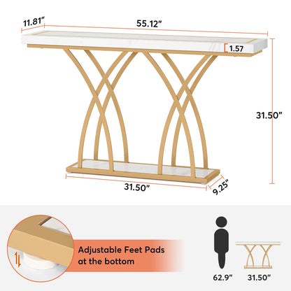 Tribesigns 55 Inch Gold Console Table, Modern Faux Marble Veneer Entryway Table Behind Sofa Couch, Narrow Long Hallway Table with Geometric Metal Legs for Living Room, White & Gold - WoodArtSupply