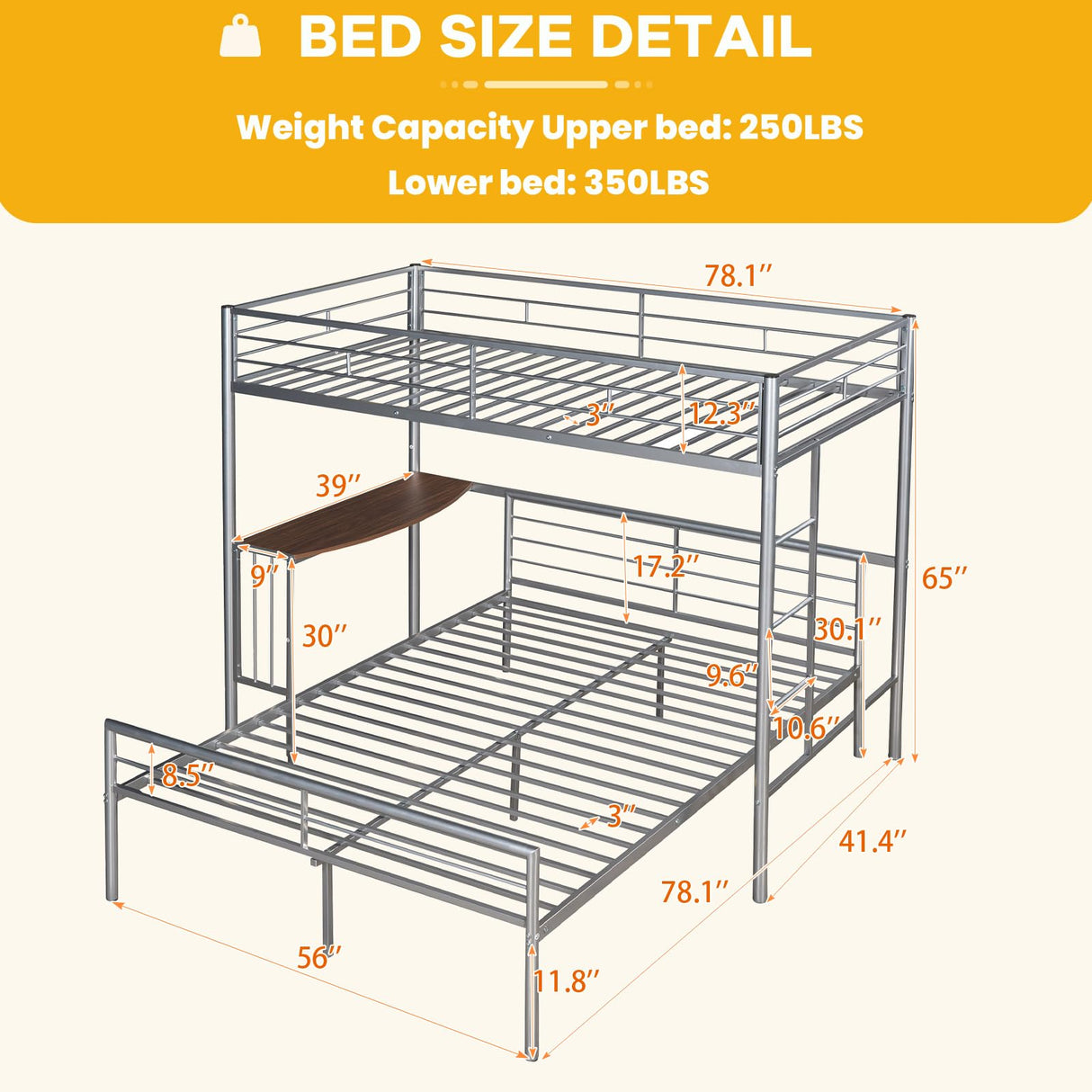 Metal Twin Over Full Bunk Bed Frame with Desk, Loft Platform Mattress Foundation with Steel Slat Support Storage Space Merax