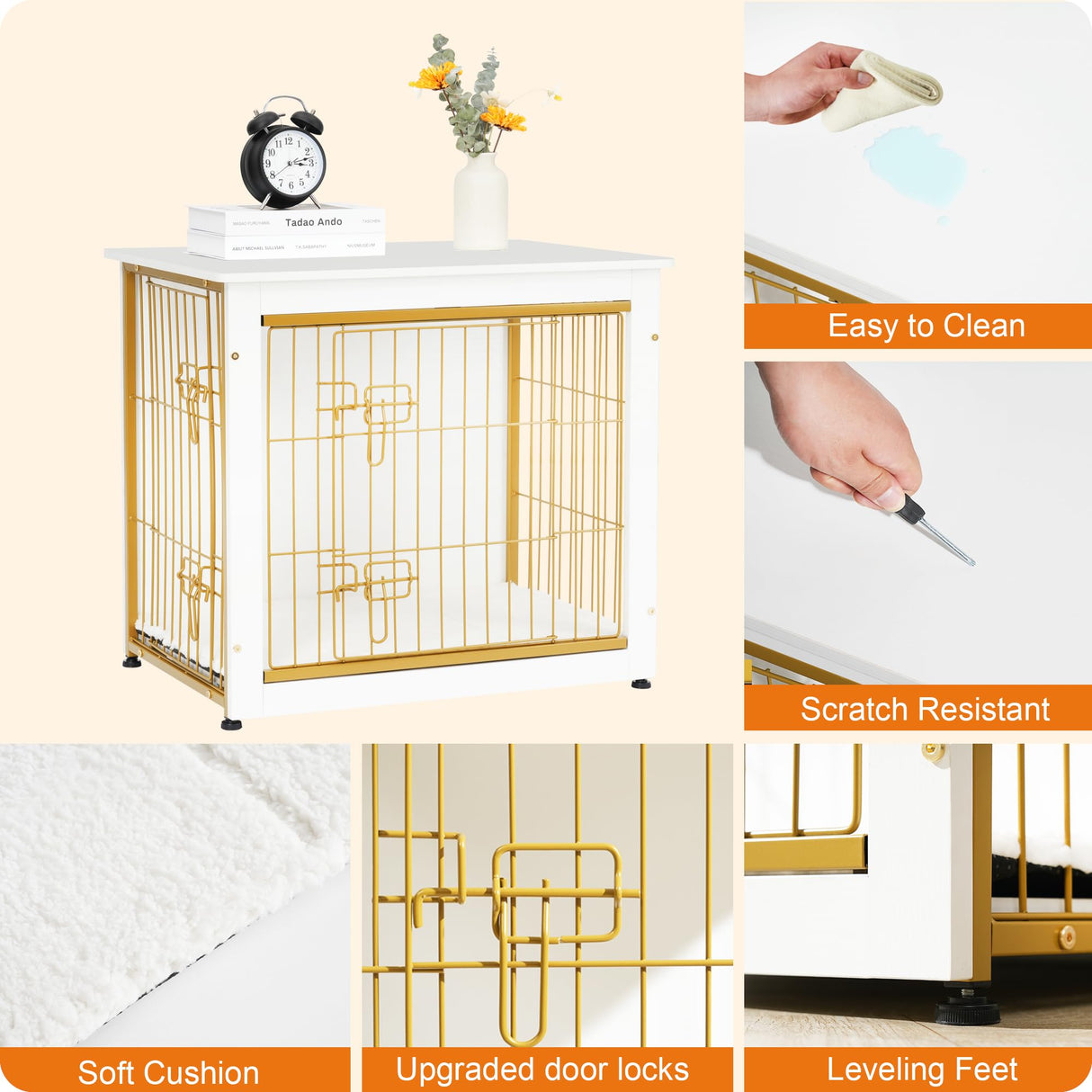 DWANTON Dog Crate Furniture with Cushion, Wooden Dog Crate with Double Doors, Dog Furniture, Dog Kennel Indoor for Small/Medium/Large Dog，End Table, Small, 27.2" L, White Dwanton