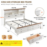 Farmhouse King Size Bed Frame with 54" Tall Storage Bookcase Headboard, Wood Platform Bed Frame with 2 Drawers & 18" Tall Roman Column Decoration Footboard, No Box Spring Needed(Antique White) T4TREAM