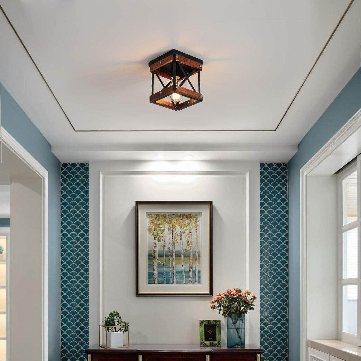 Fivess Lighting Rustic Farmhouse Flush Mount Ceiling Light 1-Light Metal and Wood Cage Mini Semi Flush Mount Light Fixture for Hallway Kitchen Entryway, Black Fivess Lighting