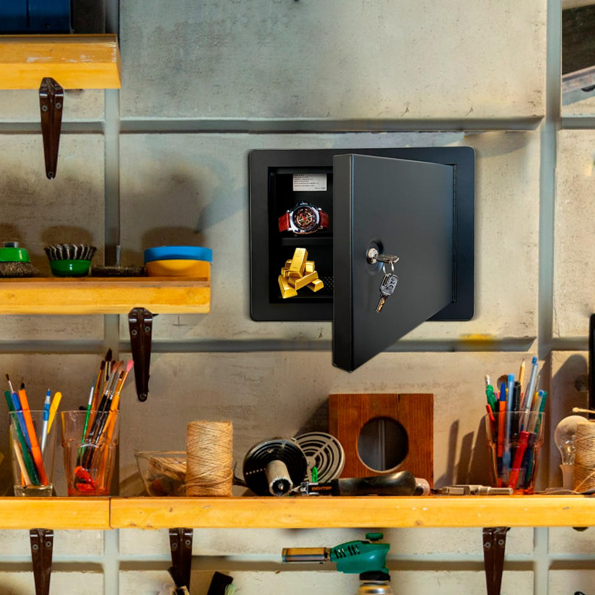 In-Wall Safe with Key Lock – Heavy-Duty Steel Lockable Hidden Wall Compartment for Secure Storage, Wall Safe Box for Jewelry, Cash, and Documents – 15.75-Inch Exterior Width, Black Plugsharge