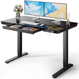 Marsail Glass Standing Desk with Drawer, 48 x 24 inch Electric Standing Desk, Height Adjustable Desk with One-Piece Tabletop & USB Charging Ports, Sit Stand Desk with Storage for Home & Office Black Marsail