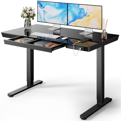 Marsail Glass Standing Desk with Drawer, 48 x 24 inch Electric Standing Desk, Height Adjustable Desk with One-Piece Tabletop & USB Charging Ports, Sit Stand Desk with Storage for Home & Office Black Marsail