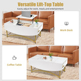 White and Gold Lift Top Coffee Table with Charging Station and LED Lights - 40" L×20" W×17" H Large Rectangle Marble Coffee Table Lift Top for Living Room, Glass & Marble-Pattern Tabletop, Metal Leg Caredear