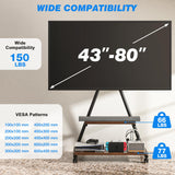 Rfiver Heavy Duty Rolling TV Stand for 43-80 Inch TVs up to 150lbs, Mobile TV Cart on Wheels with Dual Storage Shelves, Outdoor TV Stand with Tilt & Swivel Adjustment for Optimal Viewing Angles Rfiver