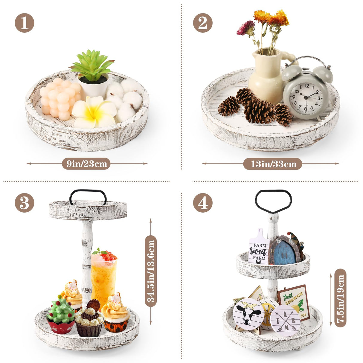 ASMPCUE 2 Tiered Tray Stand, Farmhouse Tiered Tray Stand with Metal Handle for Home Kitchen Decor, Wooden Rustic Two Tiered Serving Tray Coffee Table Tray for Holiday, Tray ONLY(Distressed White) ASMPCUE