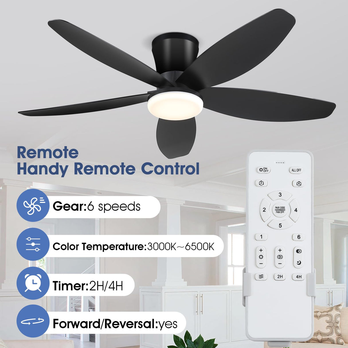 Surtime 42" Ceiling Fans with Lights-Low Profile Ceiling Fan with Light and Remote/APP Control,Flush Mount,DC Reversible,LED Dimmable Black Ceiling Fans for Bedroom,Indoor/Outdoor Patio Use Surtime