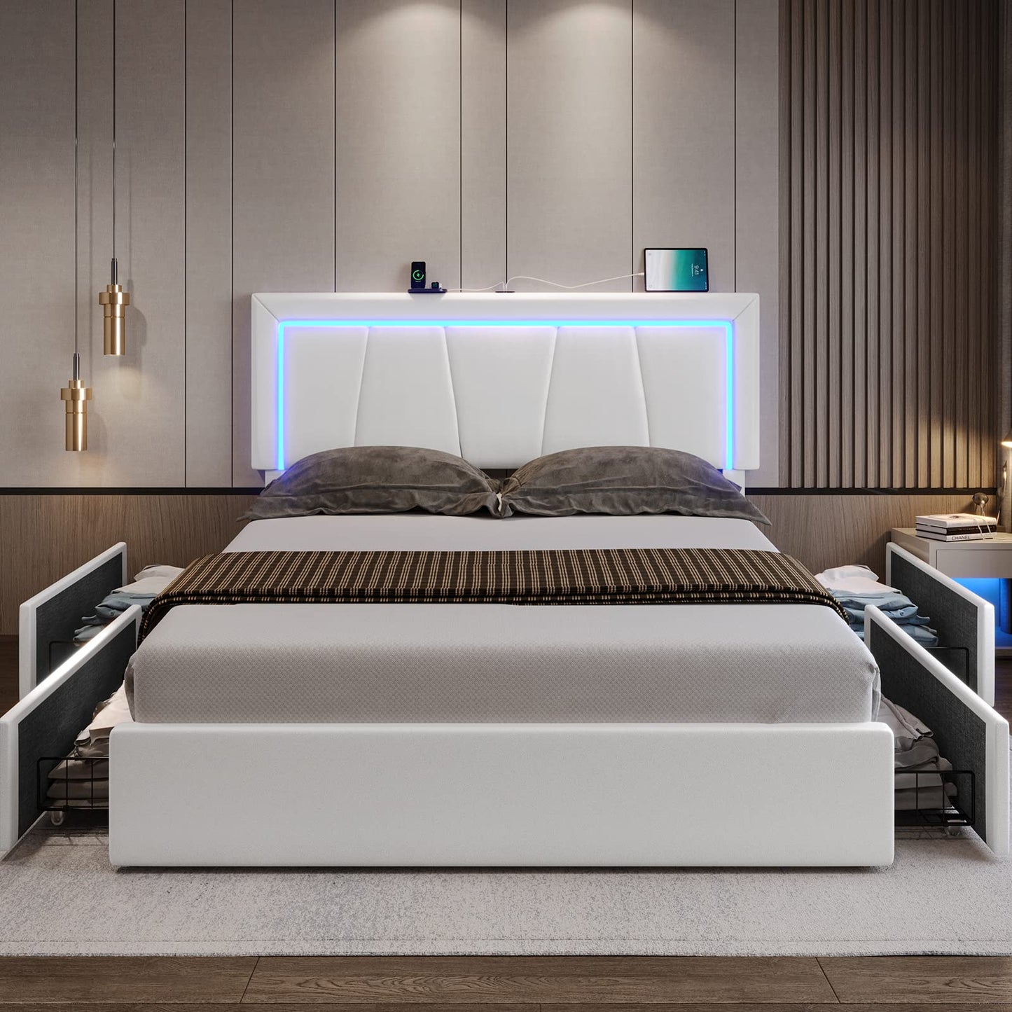 Modern DICTAC Full LED Upholstered Bed Frame with 4 Storage Drawers & USB Ports in White - WoodArtSupply