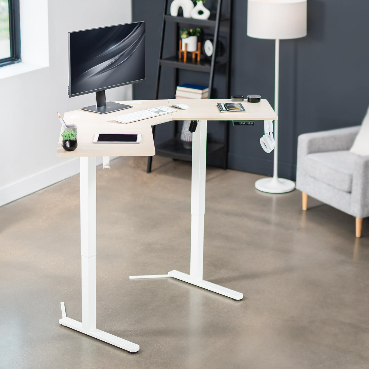 VIVO Electric Corner L-Shaped 47 x 47 in Standing Desk, Memory Height Adjustment, Light Wood Top White Frame, DESK-E1L94C VIVO