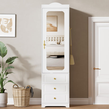 JanflyHome Armoire Wardrobe Closet, Updated White Bedroom Armoires Cabinet with Mirror Door and 3 Drawers, 15.7" W/69.5" H Clothing Storage Cabinet with Hanging Rod & Sensor Light for Bedroom-Right JanflyHome