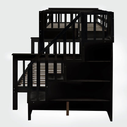 Espresso Twin Over Full Bunk Bed with Trundle and Storage Shelves by Harper & Bright Designs - WoodArtSupply