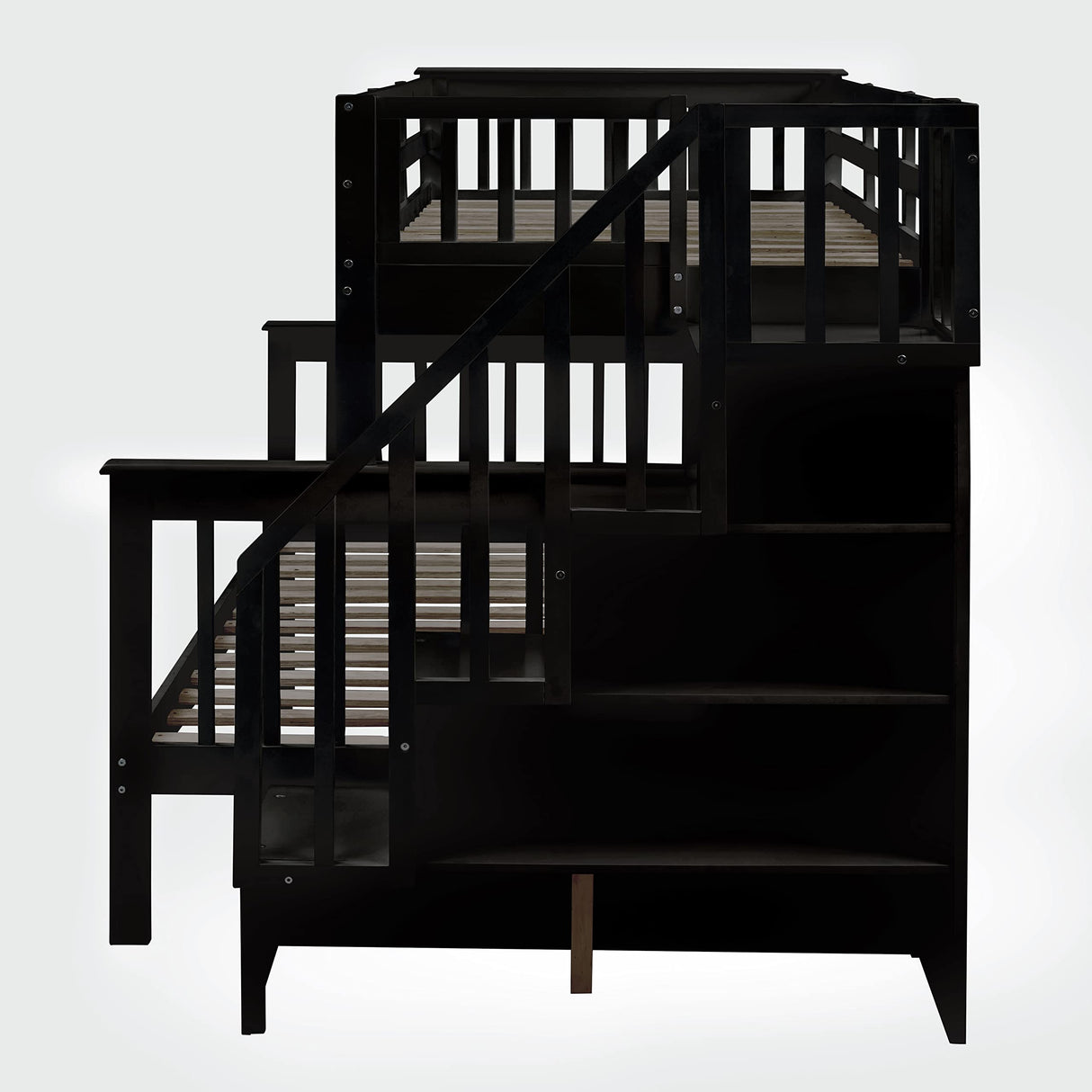 Merax Twin-Over-Full Stairway Bunk Bed with Trundle, Storage Staircase and Full Length Guardrail, Solid Wood Storage Bunk Bed with Trundle, No Spring Box Needed (Espresso) Merax