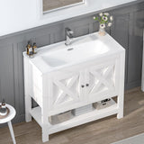 4ever2buy Farmhouse Bathroom Vanity with Sink, 35 Inch Bathroom Vanity Cabinet, Freestanding Vanity, 2 Doors and Open Shelf, Bathroom Cabinet with Ceramic Sink, White 4ever2buy