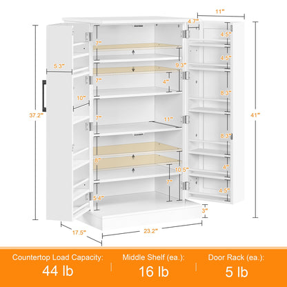 Yaheetech Kitchen Pantry Storage Cabinet, 41" Pantry Cabinets with Doors and 6 Adjustable Shelves, Freestanding Pantry Cupboard for Kitchen, Dining Room, Living Room, Small Place, White - WoodArtSupply