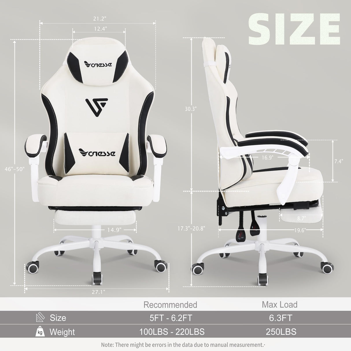 Vonesse Gaming Chair, Computer Chair Fabric with Pocket Spring Cushion, Office Chair with Footrest and Massage Lumbar Support, Reclining Gaming Chairs for Adults 250LBS (Beige White) Vonesse