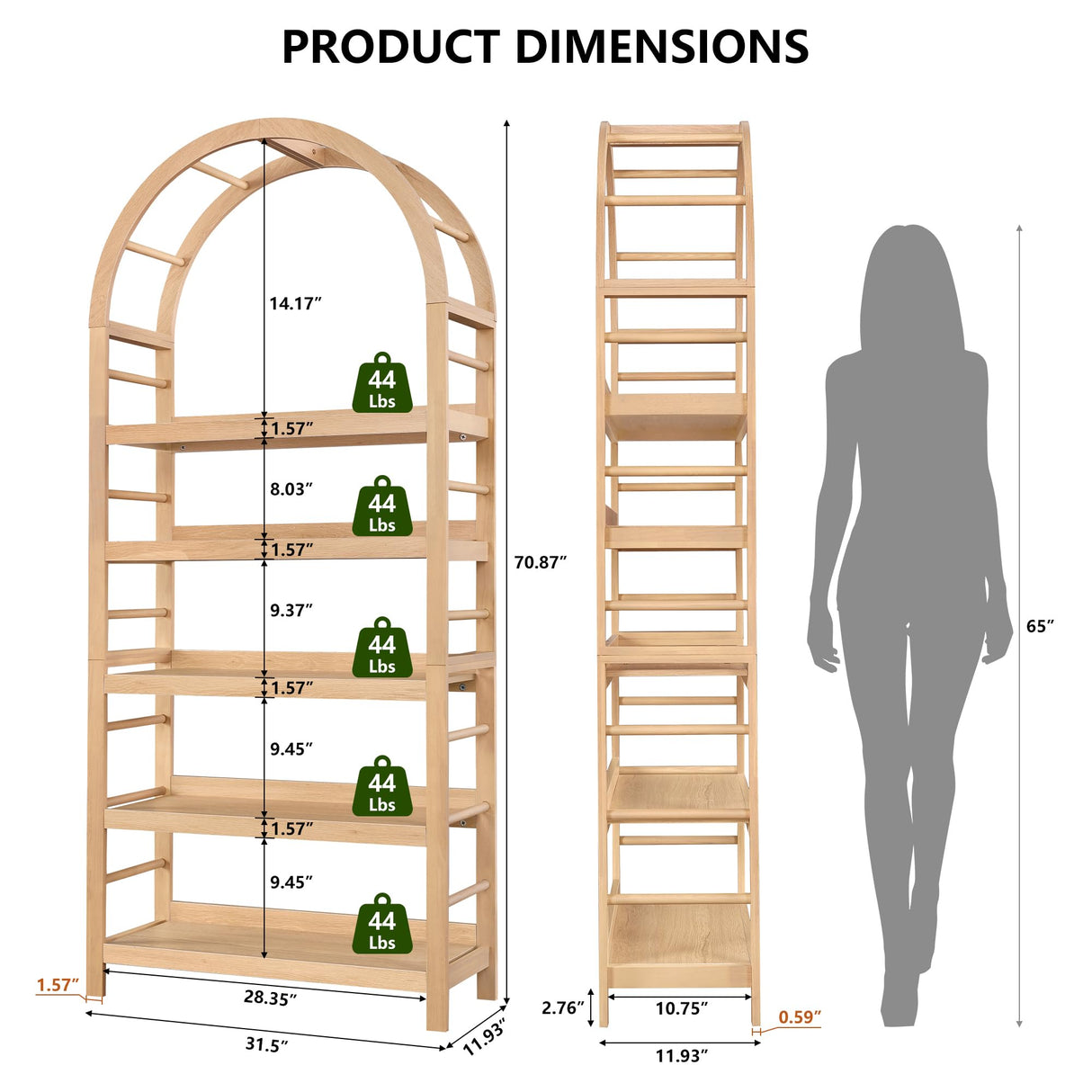 YUCHIATH 5-Tier Solid Wood Open Bookcase, Modern Arched Bookshelf, Home Office Shelf Storage Organizer, Storage Display Rack Shelf for Living Room (Natural) YUCHIATH