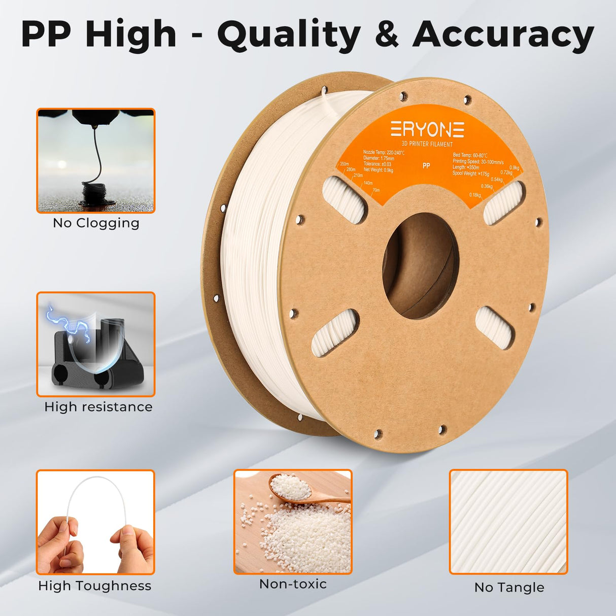 ERYONE Polypropylene Filament 1.75mm +/-0.03mm for 3D Printer, 3D Printing Filament PP 900g/Spool, White ERYONE