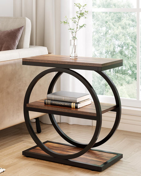 LITTLE TREE End Table, 3-Tier Side Table, Slim Sofa Side Table for Living Room, Tall Bedside Table Nightstand for Bedroom, Rustic Brown and Black LITTLE TREE