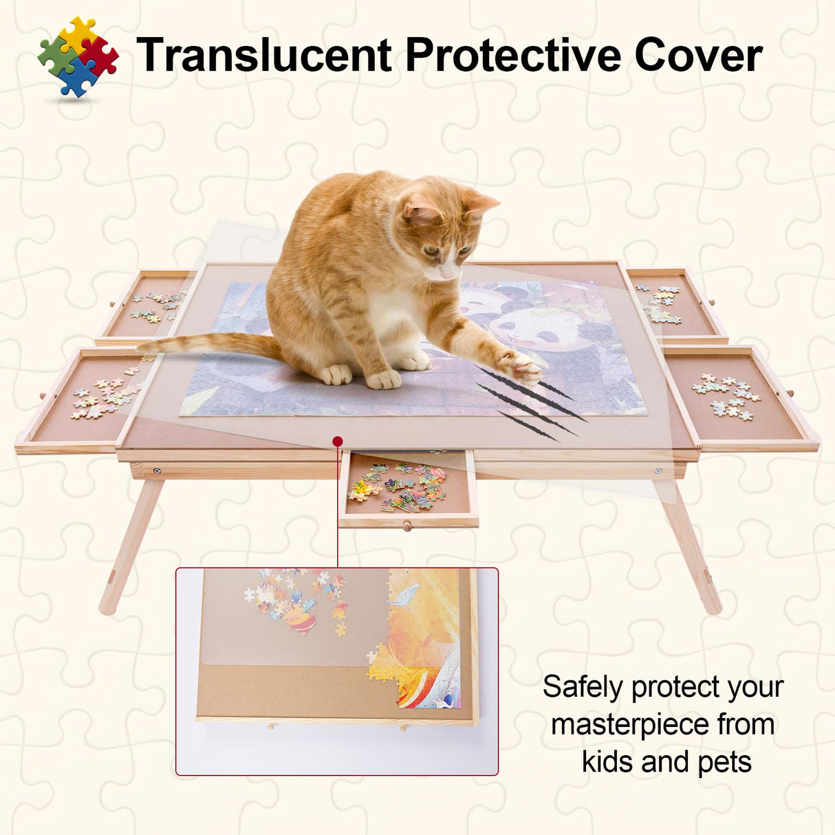 1500 Piece Wooden Folding Puzzle Table with Legs, 27" x 35" Jigsaw Puzzle Board with 6 Drawers and Protective Cover Portable Jigsaw Puzzle Table for Adults and Teens Aloftopz