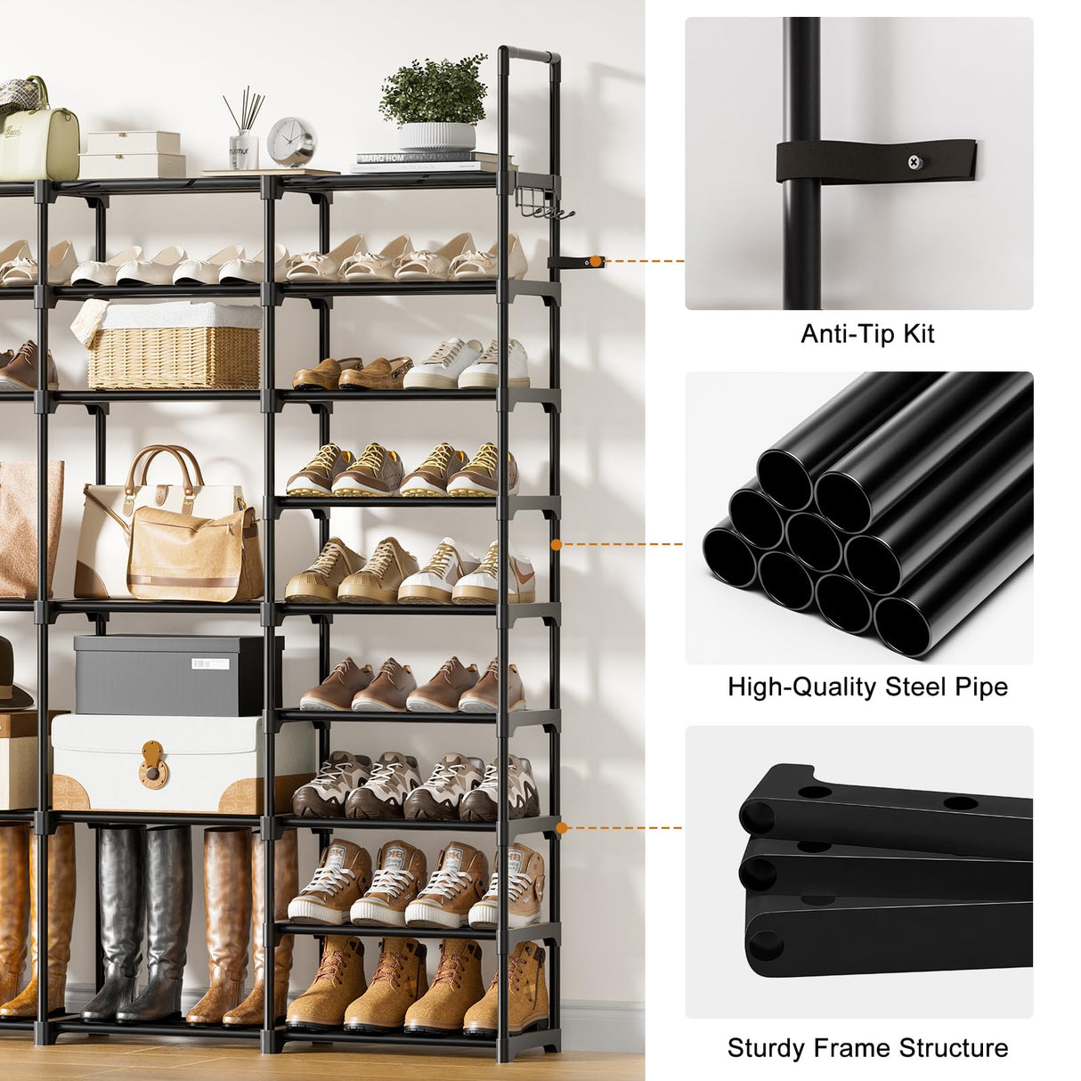 WOWLIVE 4 Row 9 Tiers Extra Large Shoe Rack 72-80 Pairs Big Tall Metal Shoe Shelf, Heavy Duty Organizer for Closet Entryway, Boot Rack Storage Stackable Stand for Garage Black WOWLIVE
