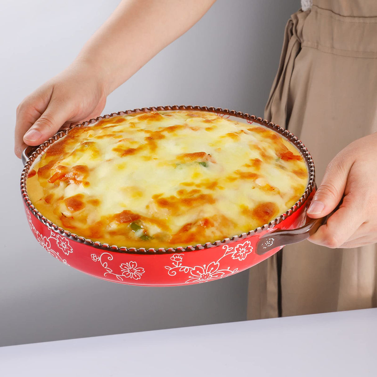 AVLA 2 Pack Ceramic Pie Pan, 9 Inch Round Baking Dish with Double Handle, 28 Ounce Deep Quiche Plate for Kitchen, Cooking, Roasting Lasagna (Sakura, Red) AVLA