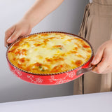 AVLA 2 Pack Ceramic Pie Pan, 9 Inch Round Baking Dish with Double Handle, 28 Ounce Deep Quiche Plate for Kitchen, Cooking, Roasting Lasagna (Sakura, Red) AVLA