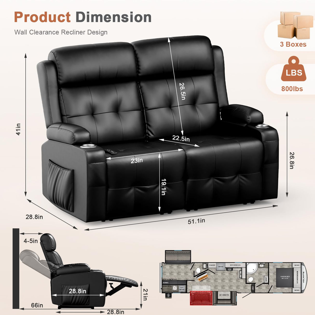 RV Loveseat Recliner Sofa, Oversized Massage Wall Hugger Recliners with Insert Pockets, Cup Holders, Reclining Couch, 150° Adjustable Recline & Padded Armrests, for RV Furniture (Black, Loveseat) Tiooii