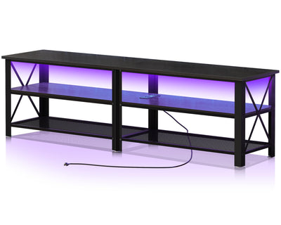 Clikuutory Modern Black 71 inch Metal TV Stand with LED Lights and Power Outlets for 50 60 65 70 75 80 Inch TVs, 3 Tier Television Stands with Entertainment Center and Storage for Living Room, Bedroom