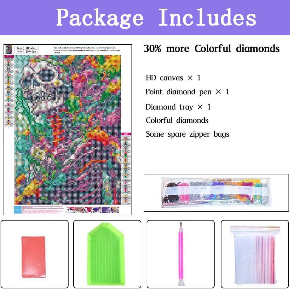 Generic Skull Diamond Painting Kits for Adults - Skeleton Diamond Art Kits for Adults, Round 5D Gem Art Kits for Adult DIY Crafts Kits for Gift Home Wall Decor Gifts 16x12inch Generic