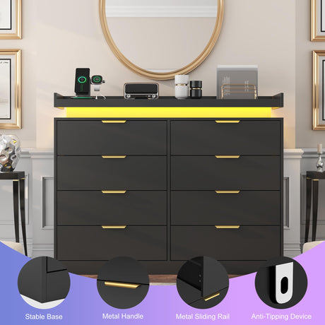 UNIQUITE 8 Drawer Dresser for Bedroom, Black Dresser with LED Lights and Power Outlet, Wooden Dressers Chests of Drawers, Double Wide Dressers for Bedroom, Entryway, Hallway UNIQUITE
