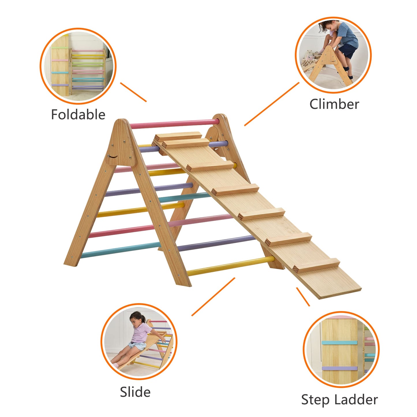 Avenlur Olive 3 in 1 Foldable Triangle Ladder and Slide - Montessori Climbing Set - Indoor Wood Climbing Gym for Children Ages 1 to 6 Years - Baby Climbing Triangle (Colorful, Large)