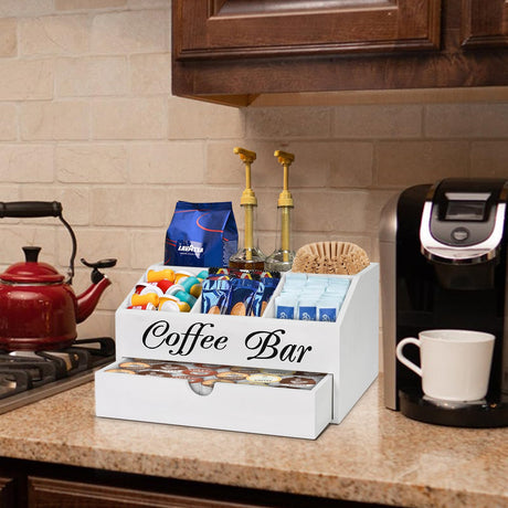 Coffee Bar Organizer Countertop, Wooden Coffee Bar Accessories Organizer With Drawer, Coffee Station Organizer Coffee Pods Holder Storage Basket, Farmhouse Coffee and Tea Condiment Organizer Station ugiftt