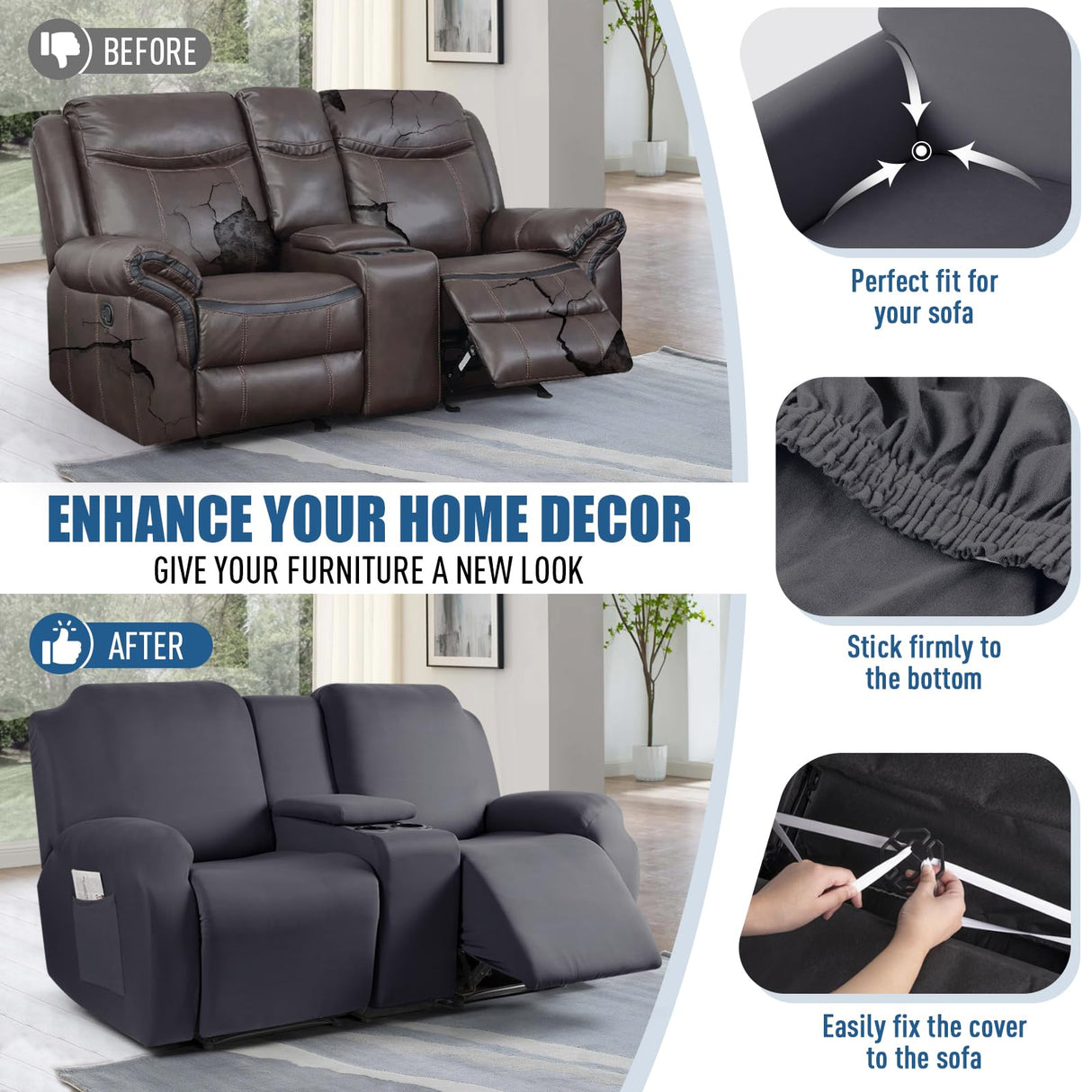 TAOCOCO Reclining Loveseat with Middle Console Slipcover, 4 Piece Polyester Fabric Stretch Loveseat Reclining Sofa Covers (Gray, 2 Seat Recliner Cover with Console) TAOCOCO