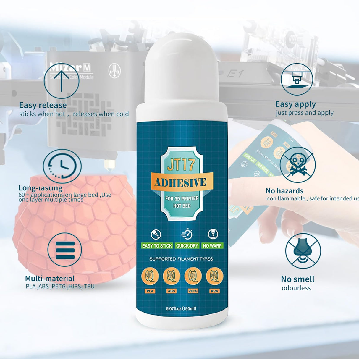 3D Printer Adhesive Glue,Reduces Warping for ABS, ASA, PLA,TPU, and PETG Filament on Heated Build Plates,150 ml,5.07 fl.oz GIANTARM