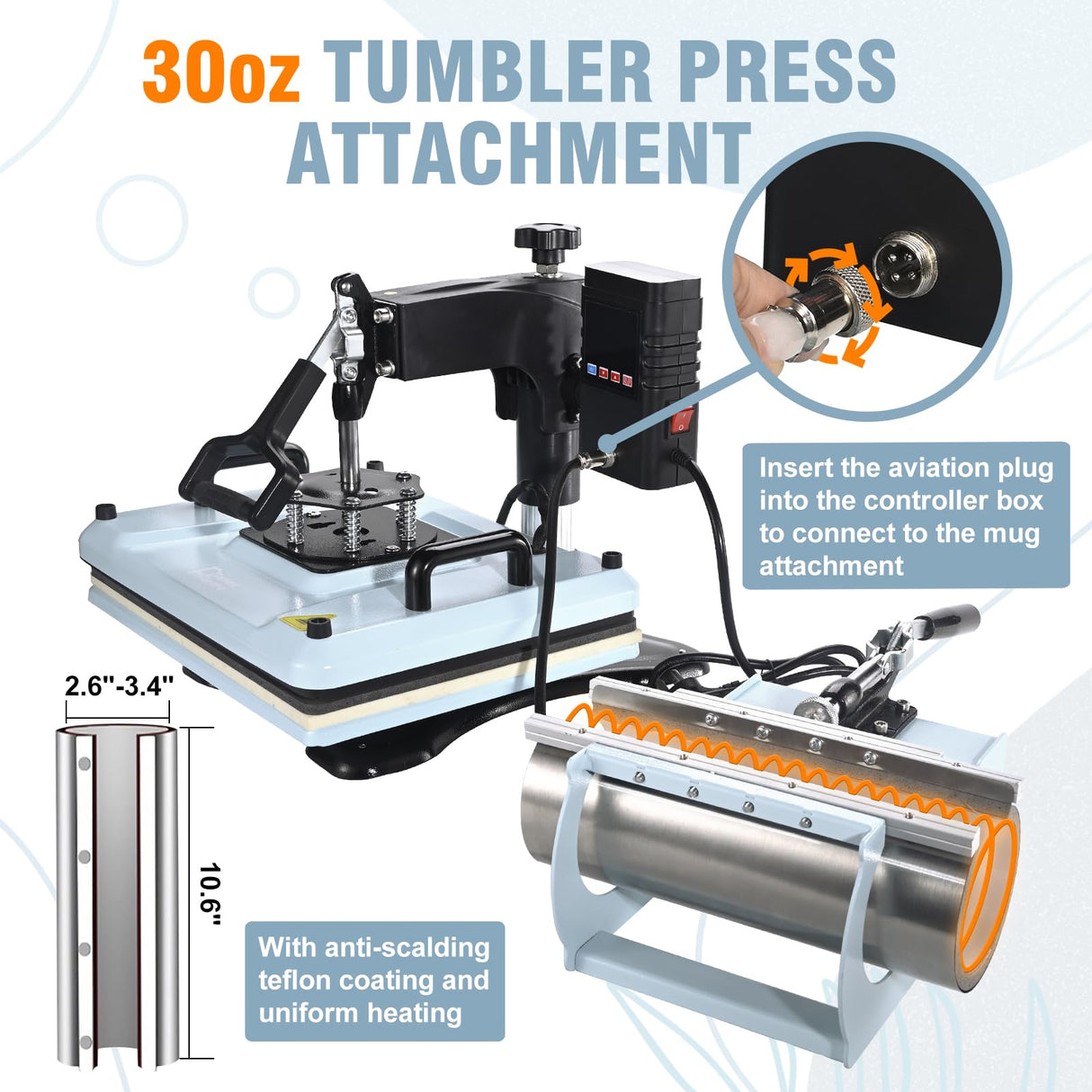 PlanetFlame Heat Press Machine 12x15 Inch, 360° Swing Away 5 in 1 Heat Transfer Machine, Multifunctional Heat Transfer Press Machine with 30OZ Tumbler Attachment for Hat/Plate/T-Shirt/Mug, Blue PlanetFlame