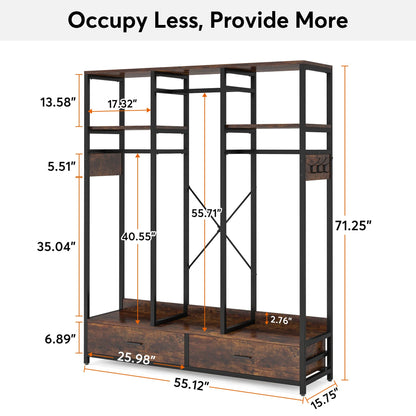 Tribesigns Clothes Rack for Hanging Clothes, Wardrobe Closet with 2 Drawers, Heavy Duty Garment Rack with Shelves and 6 Hanging Hooks, Freestanding Closet Organizer for Bedroom, Laundry, Rust - WoodArtSupply