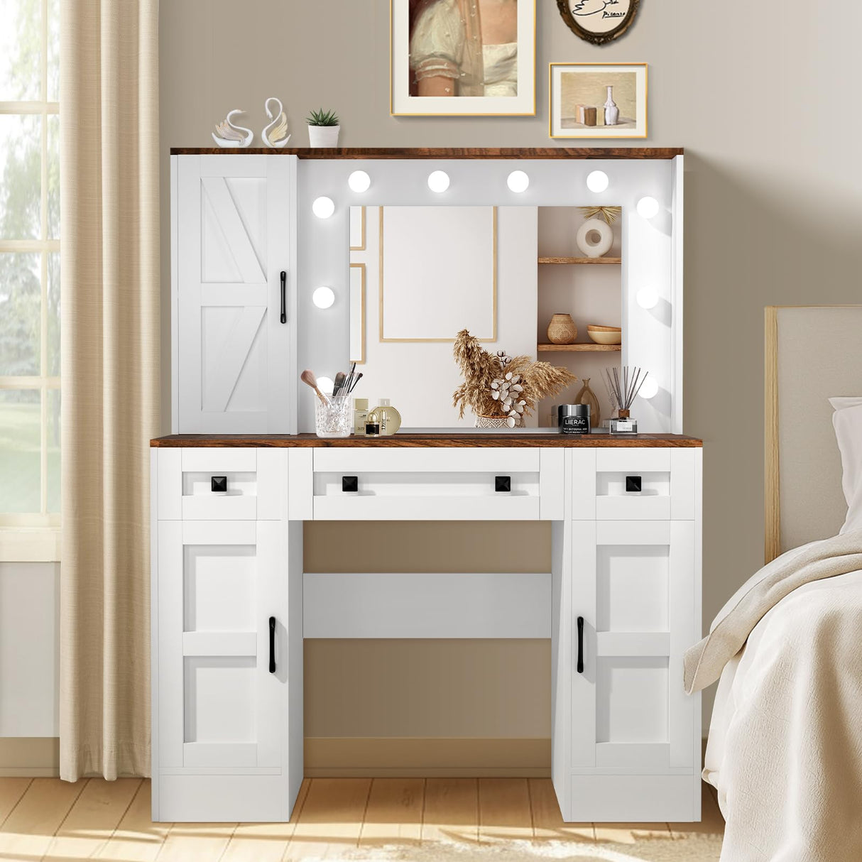 CUOZOVA Farmhouse Vanity Desk with Mirror and Lights, Glass Tabletop Vanity with Charging Station，Vanity Table with 3 Drawers & 3 Cabinets, White Rustic Makeup Vanity for Bedroom CUOZOVA