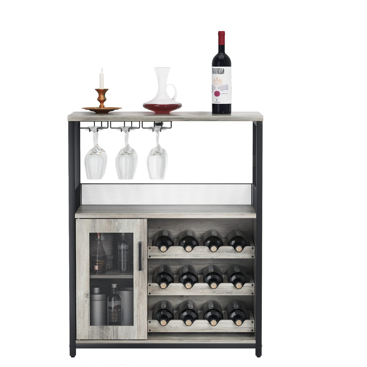 IDEALHOUSE 3-Tier Wine Bar Cabinet with Detachable Wine Rack and Storage Space, Buffet Cabinet with Glass Holder and Mesh Door, for Kitchen, Living Room and Bar (Gray) IDEALHOUSE